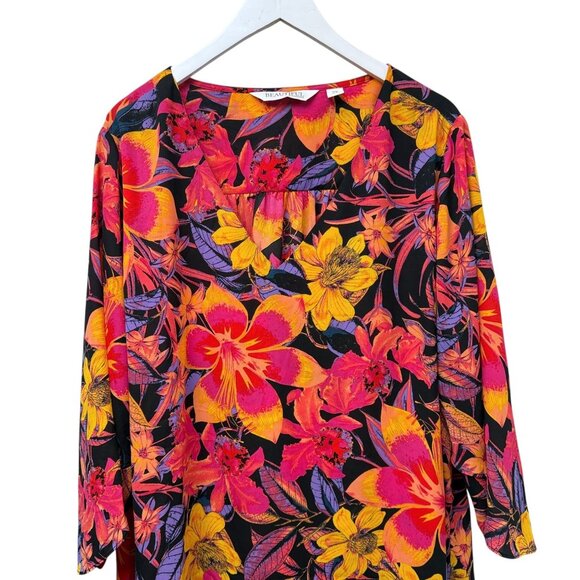 Beautiful by Lawrence Zarian Blouse Plus Size 2X Red Floral V-Neck Womens Top - Picture 6 of 8